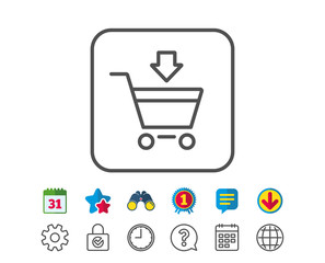 Add to Shopping cart line icon. Online buying sign. Supermarket basket symbol. Calendar, Globe and Chat line signs. Binoculars, Award and Download icons. Editable stroke. Vector