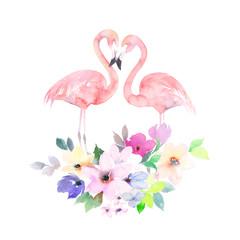 Obraz premium Couple pink flamingos and bouquet flowers. Watercolor print for invitation, birthday, celebration, greeting card