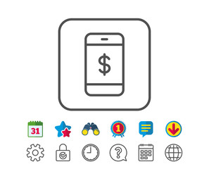 Mobile Shopping line icon. Smartphone Online buying sign. Dollar symbol. Calendar, Globe and Chat line signs. Binoculars, Award and Download icons. Editable stroke. Vector