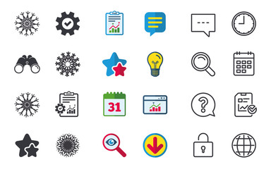 Snowflakes artistic icons. Air conditioning signs. Christmas and New year winter symbols. Chat, Report and Calendar signs. Stars, Statistics and Download icons. Question, Clock and Globe. Vector