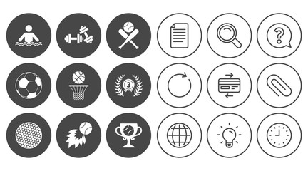 Sport games, fitness icons. Football, basketball and baseball signs. Swimming, fireball and winner cup symbols. Document, Globe and Clock line signs. Lamp, Magnifier and Paper clip icons. Vector