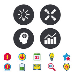 Lamp idea and head with gear icons. Graph chart diagram sign. Teamwork symbol. Calendar, Information and Download signs. Stars, Award and Book icons. Light bulb, Shield and Search. Vector