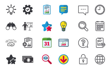 Presentation billboard, brainstorm icons. Cash money and lamp idea signs. Man standing with pointer. Scheme and Diagram symbol. Chat, Report and Calendar signs. Stars, Statistics and Download icons