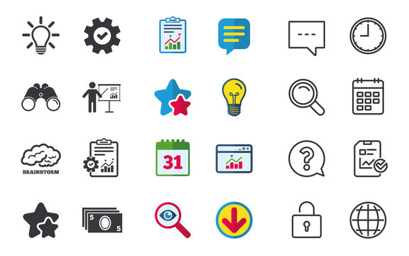 Presentation billboard, brainstorm icons. Cash money and lamp idea signs. Man standing with pointer. Scheme and Diagram symbol. Chat, Report and Calendar signs. Stars, Statistics and Download icons