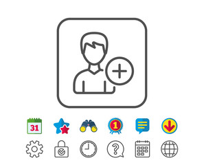Add User line icon. Profile Avatar sign. Male Person silhouette symbol. Calendar, Globe and Chat line signs. Binoculars, Award and Download icons. Editable stroke. Vector