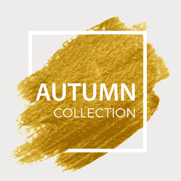 Autumn Collection. Gold paint in white square.  Brush strokes for the background of poster.