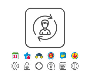 Human Resources line icon. User Profile sign. Male Person silhouette symbol. Refresh or Update sign. Calendar, Globe and Chat line signs. Binoculars, Award and Download icons. Editable stroke. Vector