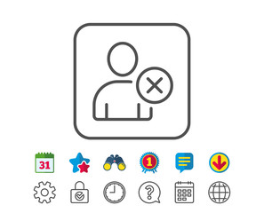 Remove User line icon. Profile Avatar sign. Person silhouette symbol. Calendar, Globe and Chat line signs. Binoculars, Award and Download icons. Editable stroke. Vector