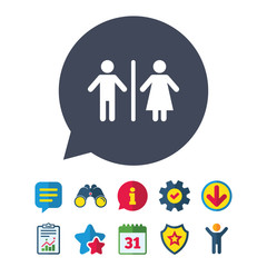 WC sign icon. Toilet symbol. Male and Female toilet. Information, Report and Speech bubble signs. Binoculars, Service and Download, Stars icons. Vector