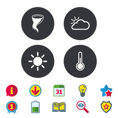 Weather icons. Cloud and sun signs. Storm symbol. Thermometer temperature sign. Calendar, Information and Download signs. Stars, Award and Book icons. Light bulb, Shield and Search. Vector