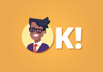 Everything is OK! Happy young black businessman in suit and tie winking and smiling. Inscription OK. Flat vector illustration.