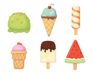 Collection of 12 vector cartoon ice cream illustrations. Summer food.