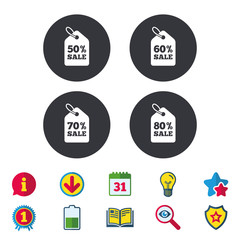 Sale price tag icons. Discount special offer symbols. 50%, 60%, 70% and 80% percent sale signs. Calendar, Information and Download signs. Stars, Award and Book icons. Light bulb, Shield and Search