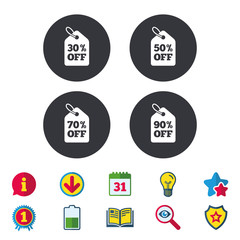 Sale price tag icons. Discount special offer symbols. 30%, 50%, 70% and 90% percent off signs. Calendar, Information and Download signs. Stars, Award and Book icons. Light bulb, Shield and Search