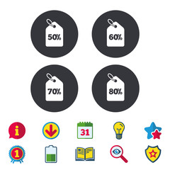 Sale price tag icons. Discount special offer symbols. 50%, 60%, 70% and 80% percent discount signs. Calendar, Information and Download signs. Stars, Award and Book icons. Light bulb, Shield and Search