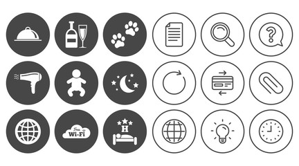 Hotel, apartment service icons. Restaurant sign. Alcohol drinks, wi-fi internet and sleep symbols. Document, Globe and Clock line signs. Lamp, Magnifier and Paper clip icons. Vector
