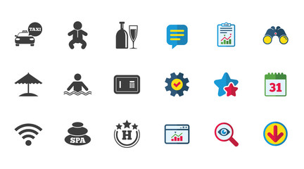 Hotel, apartment service icons. Spa, swimming pool signs. Alcohol drinks, wifi internet and safe symbols. Calendar, Report and Download signs. Stars, Service and Search icons. Vector
