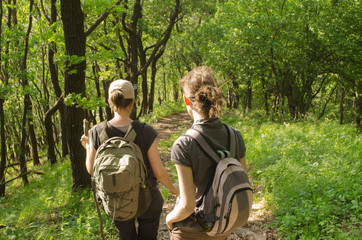 Women hiking in nature, spring walk in nature