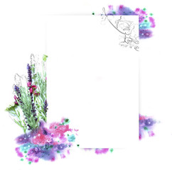Template for invitation design with watercolor splash and fresh flower and ink contour