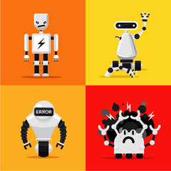 Broken mad robots set. Bad, errors and hacking programms. Flat style.