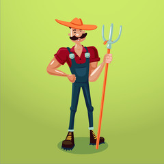 Farmer with a pitchfork. Isolated cartoon character. Country worker.