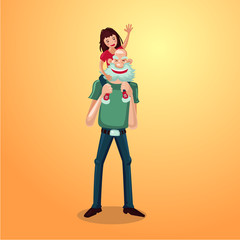 Strong grandfather with granddaughter on shoulders. Active senior cartoon character.