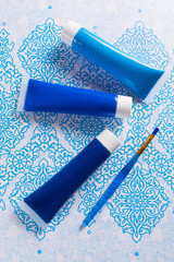 Blue, indigo, cobalt colours - home interieur design concept, on blue-white ornament