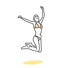 People on the beach. jumping. Summer Time. hand drawn. line drawing. vector illustration.