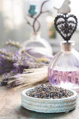 Nature cosmetics, handmade preparation of essential oils, parfums, creams, soaps from fresh and dried lavender flowers, French artisan home style