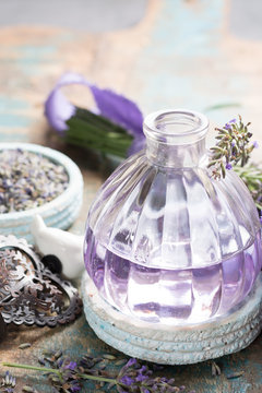 Nature cosmetics, handmade preparation of essential oils, parfums, creams, soaps from fresh and dried lavender flowers, French artisan home style