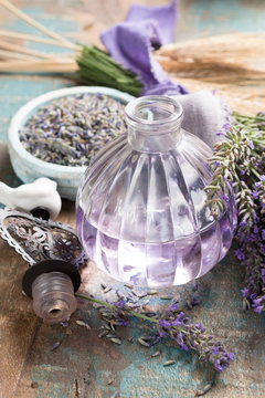 Nature cosmetics, handmade preparation of essential oils, parfums, creams, soaps from fresh and dried lavender flowers, French artisan home style