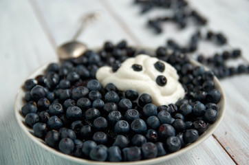 Tasty ripe blueberries with cream on plate on white wooden surface side view. Collection