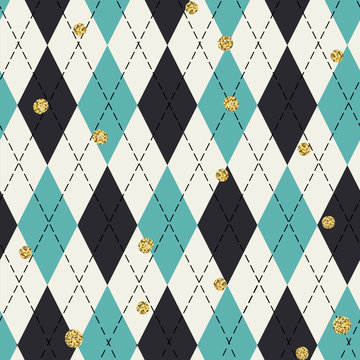 Seamless blue argyle pattern with chaotic golden dots. Traditional diamond check print. Vintage seamless background.