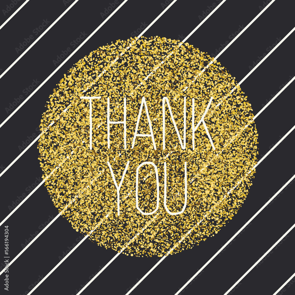Aufkleber thank you. invitation card design template. diagonal black lines pattern and golden chaotic dots cir