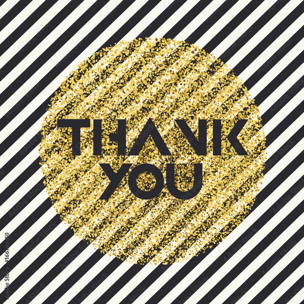 Poster thank you. invitation card design template. diagonal black lines pattern and golden chaotic dots cir