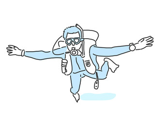 summer sports. scuba diving in variety poses. hand drawn. line drawing. vector illustration.