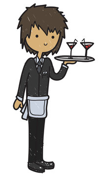 Doodle style cartoon waiter serving cocktails isolated on a white background