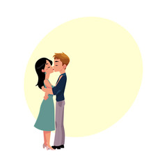 Young couple kissing romantically, hugging each other, cartoon vector illustration with space for text. Full length, side view portrait of cartoon style kissing, hugging couple, French kiss