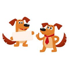 Two funny cute brown dog characters, one holding blank board, another showing thumb up, cartoon vector illustration isolated on white background. Two funny dog, puppy characters