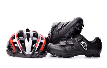 Aluminium Prints Bicycles Mountain bike cycling shoes and helmet isolated on white background.
