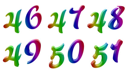 Forty six, Forty seven, Forty eight, Forty nine, Fifty, Fifty one, 46, 47, 48, 49, 50, 51 Calligraphic 3D Rendered Digits, Numbers Colored With RGB Rainbow Gradient, Isolated On White Background
