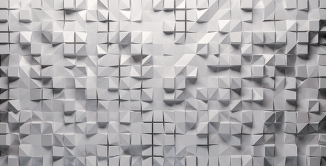 White mosaic, squares and triangles at different depths. 3d Rendering.