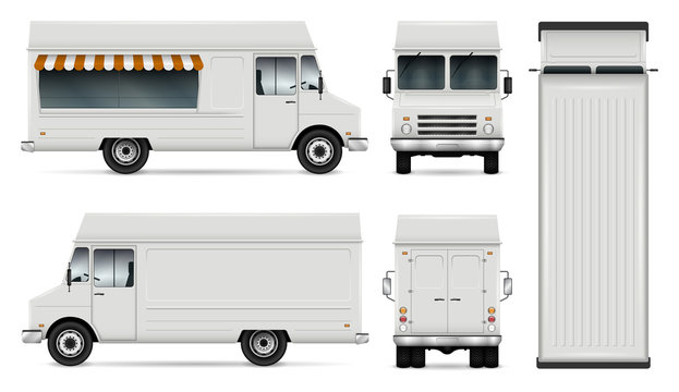 Food truck vector template for car branding and advertising. Isolated delivery van illustration on white. All layers and groups well organized for easy editing. View from side, front, back, top.