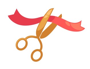 Scissors cutting red ribbon symbol for opening vector isolated icon