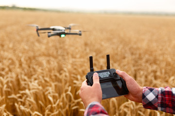 Man holds remote controller with his hands while copter is flying on background. Drone hovers behind the pilot in wheat field. No face. Agricultural new technologies and innovations © artiemedvedev