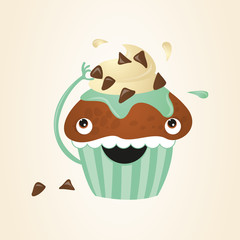 Cheerful cake with whipped cream, confectionery, baby illustration, cupcakes