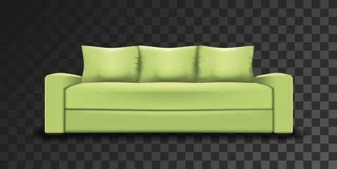 Green sofa transparent background. Realistic mesh object.