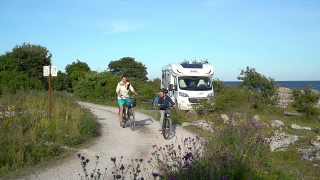 A mother and her son camping in an RV and biking along the coastline of Gotland, Sweden.