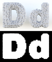 3D Rendering, White volumetric pixel alphabet with alpha mask. An array of voxels from the front,...