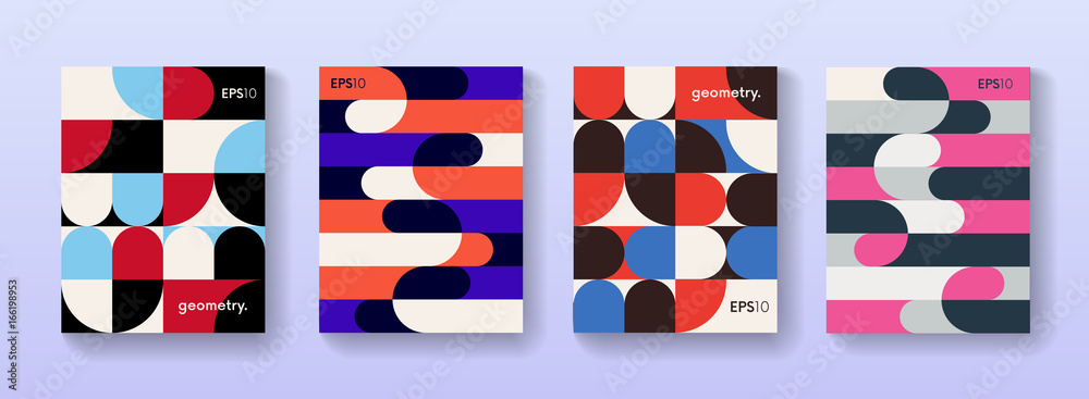 Poster set of flat poster cards with geometric shape elements vector design.